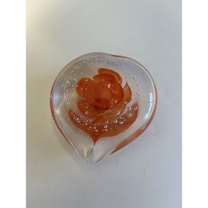 Art Glass Heart Shaped Orange Rose Flowers Controlled Bubble Paperweight